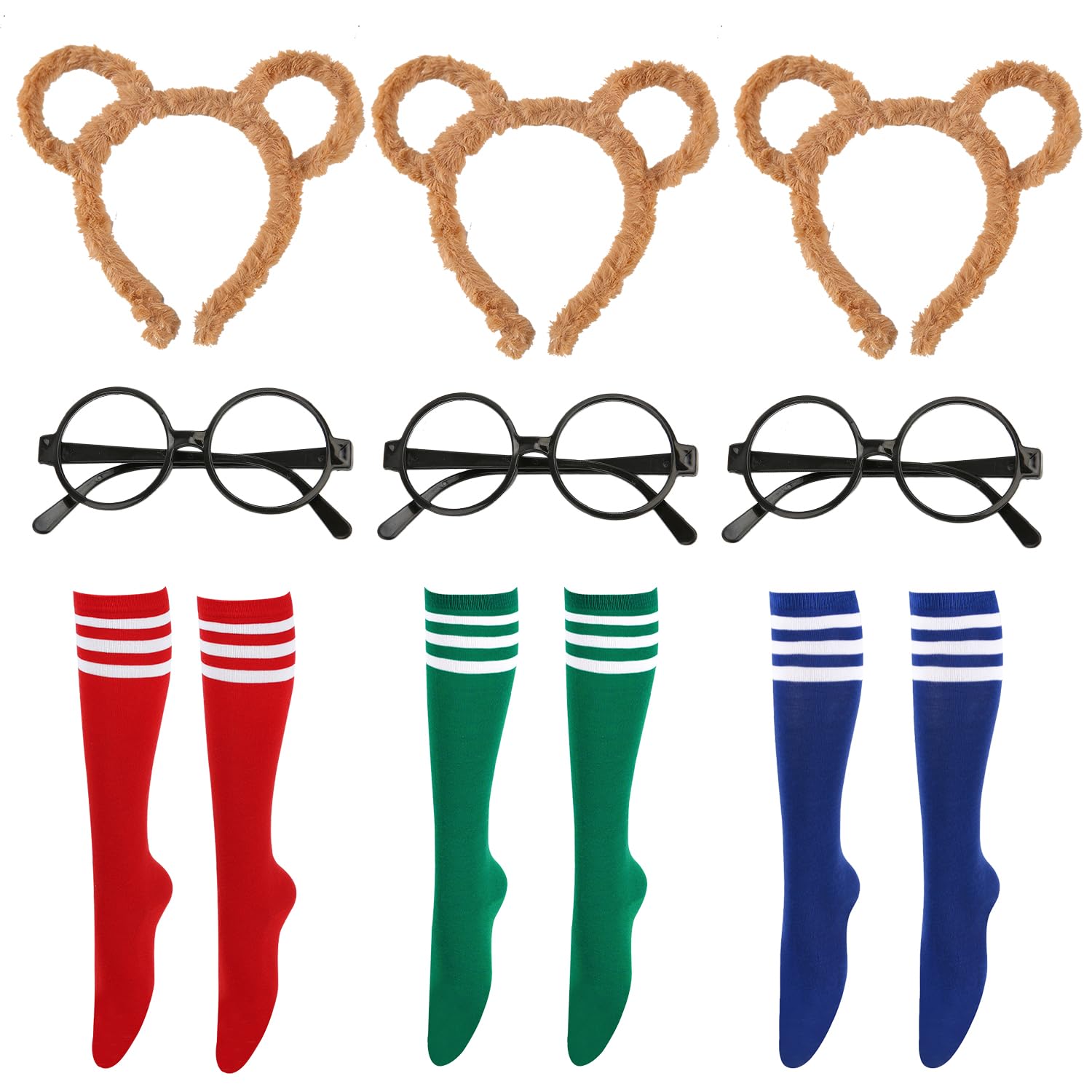 BORFUE 9pcs Halloween Chipmunk Costume Set Animal Ears Hairband Round Glasses Frame Chipmunks Stripes Socks for Adults Teens Party