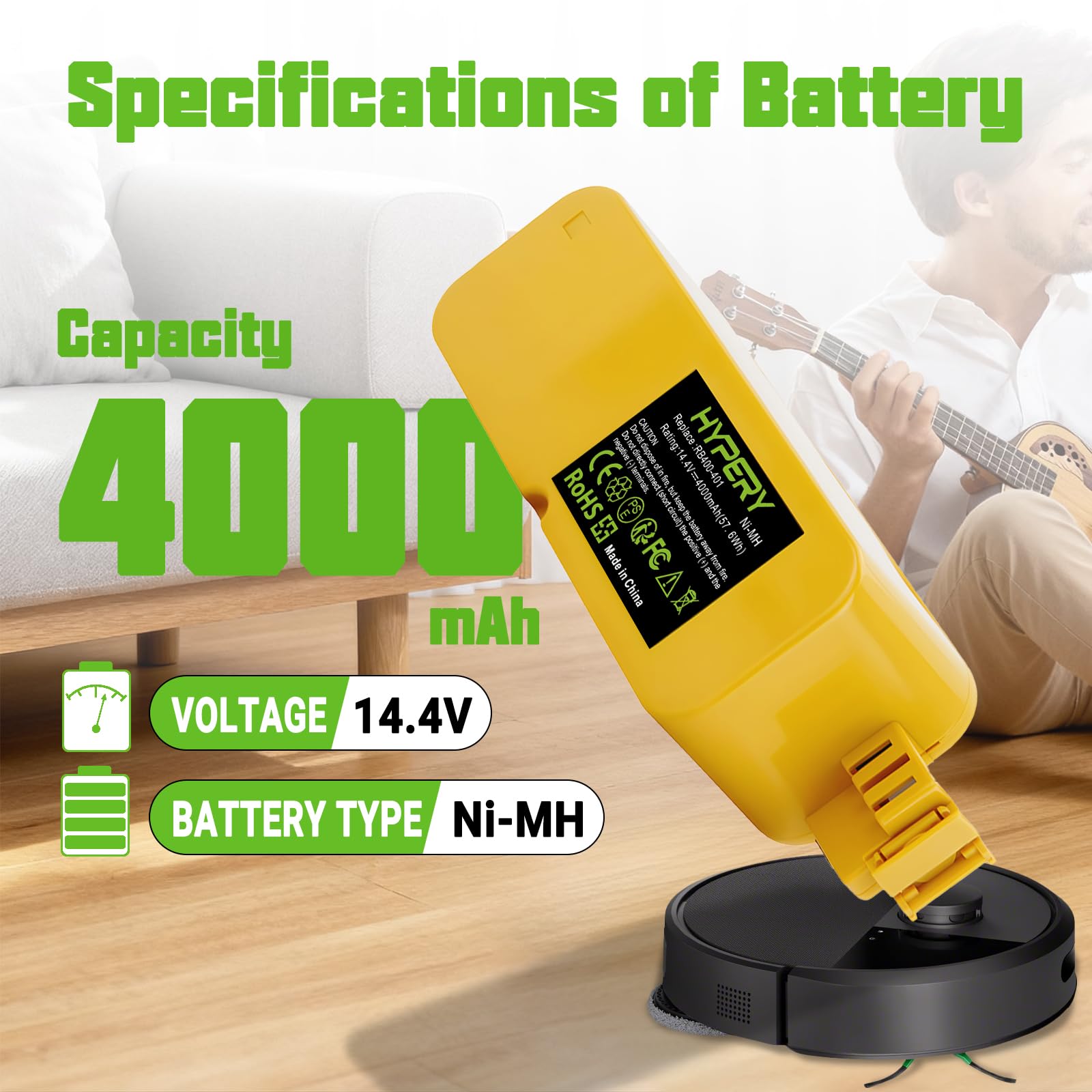 Batteria di ricambio NiMH da 14,4 V 4000 mAh con maggiore sicurezza e durata prolungata – Compatibile con Roomba 400 Serie 405 410 415 416 418 4000 4100 4105 4110 4130 4150 4170 4188 4210 4220