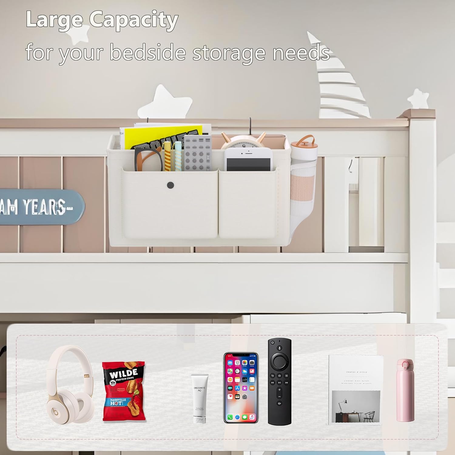 Bedside Caddy Bedside Organizer with Fixed Straps & Water Bottle Holder, Bunk Bed Caddy ideal for Home, Dorm, Hospital, Crib, Versatile Bedside Storage Solution (White) - Image 5