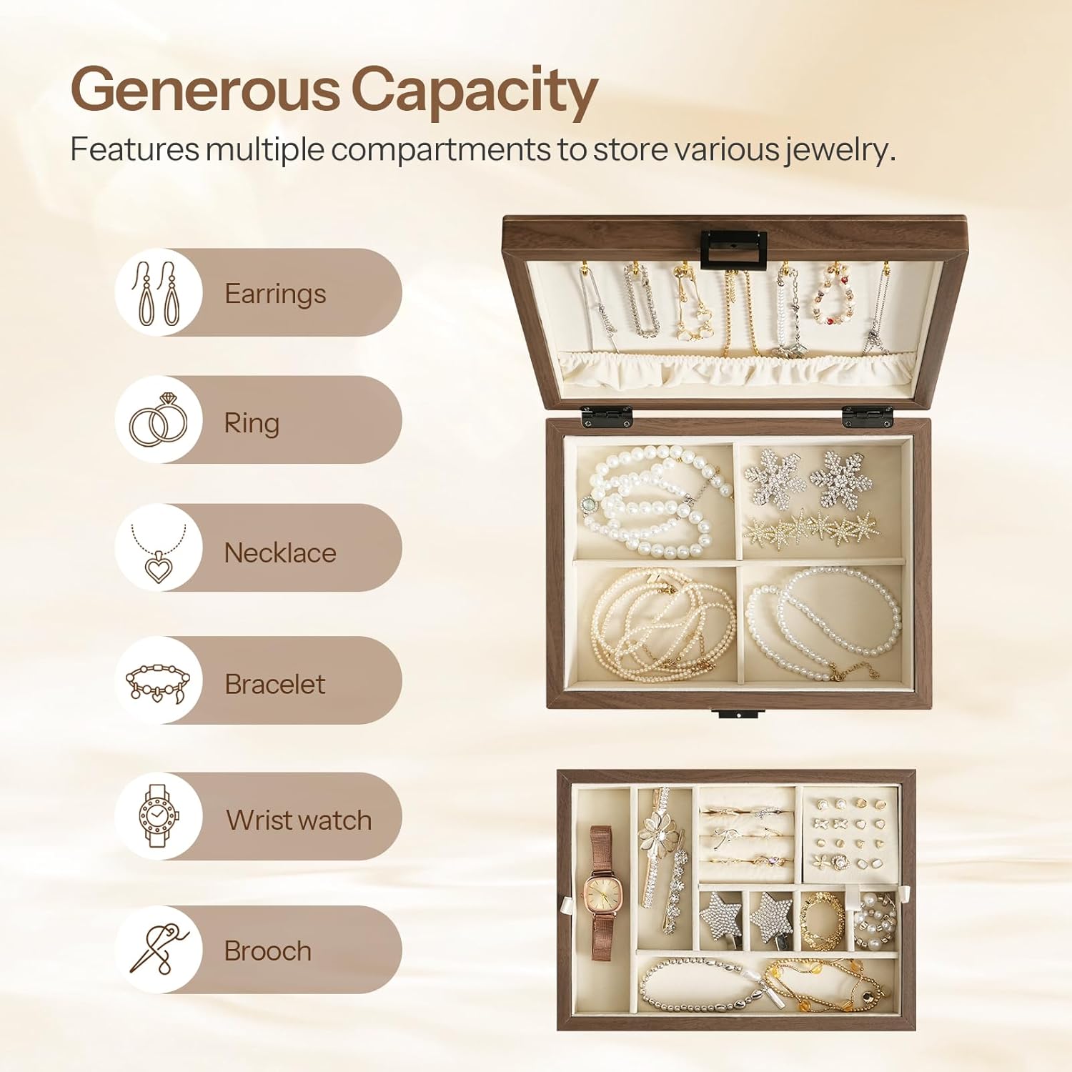 HOOBRO Wooden Jewelry Box for Women Girls, 2-Tier Jewelry Organizer with Removable Tray, Jewelry Storage Case with Clasp, for Necklace, Ring, Bracelet, Watch, Walnut BH29JB04