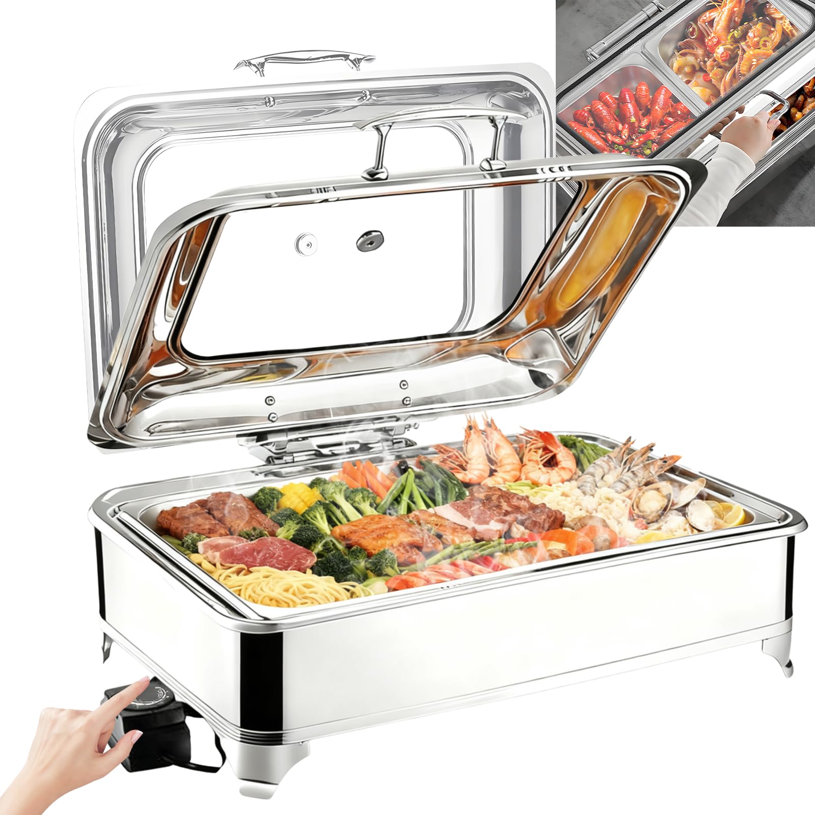 Chafing Dish Elettrico, 9L, 400W, Temperatura Regolabile(Full Pan) | Professionale Scaldavivande Elettrico per Buffet Acciaio Inox, Contenitore Scalda Cibo per Buffet, Feste e Banchetti