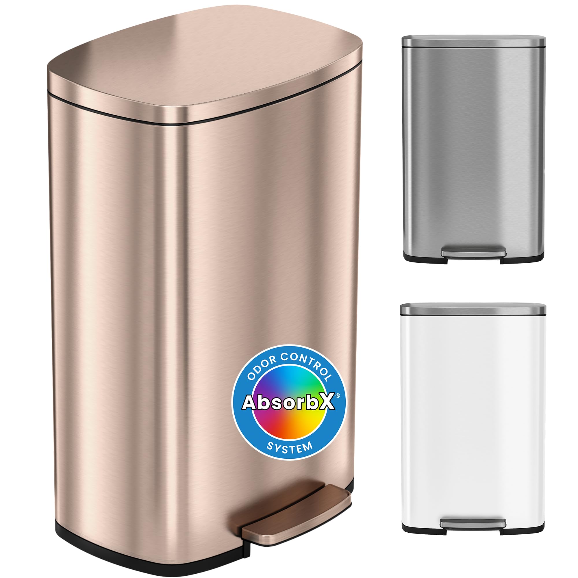 SoftStep 13.2 Gallon Stainless Steel Step Trash Can with Odor Control System, 50 Liter Pedal Garbage Bin for Kitchen, Office, Home - Silent and Gentle Open and Close, Rose Gold