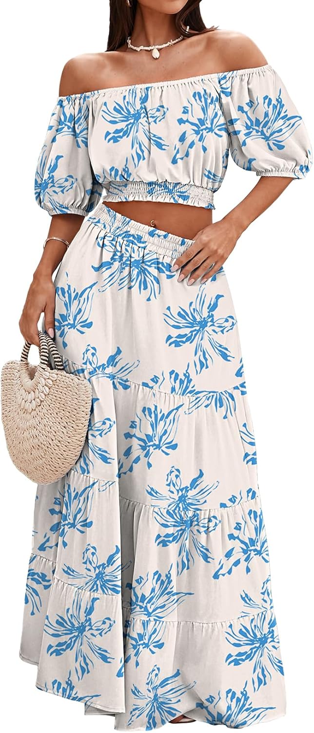 HUUSA 2026 Summer 2 Piece Boho Outfits for Women Short Sleeve Off Shoulder Crop Top and High Waist Flowy Long Skirt Set
