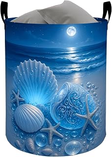 Seashell Moon Ocean Laundry Basket, Blue Coastal Shell Decorative Gifts Storage Hamper, Waterproof Oxford Cloth Collapsible Bin, 19.7 * 15.7 Inch Moonlit Beach Clothes Organizer for Home