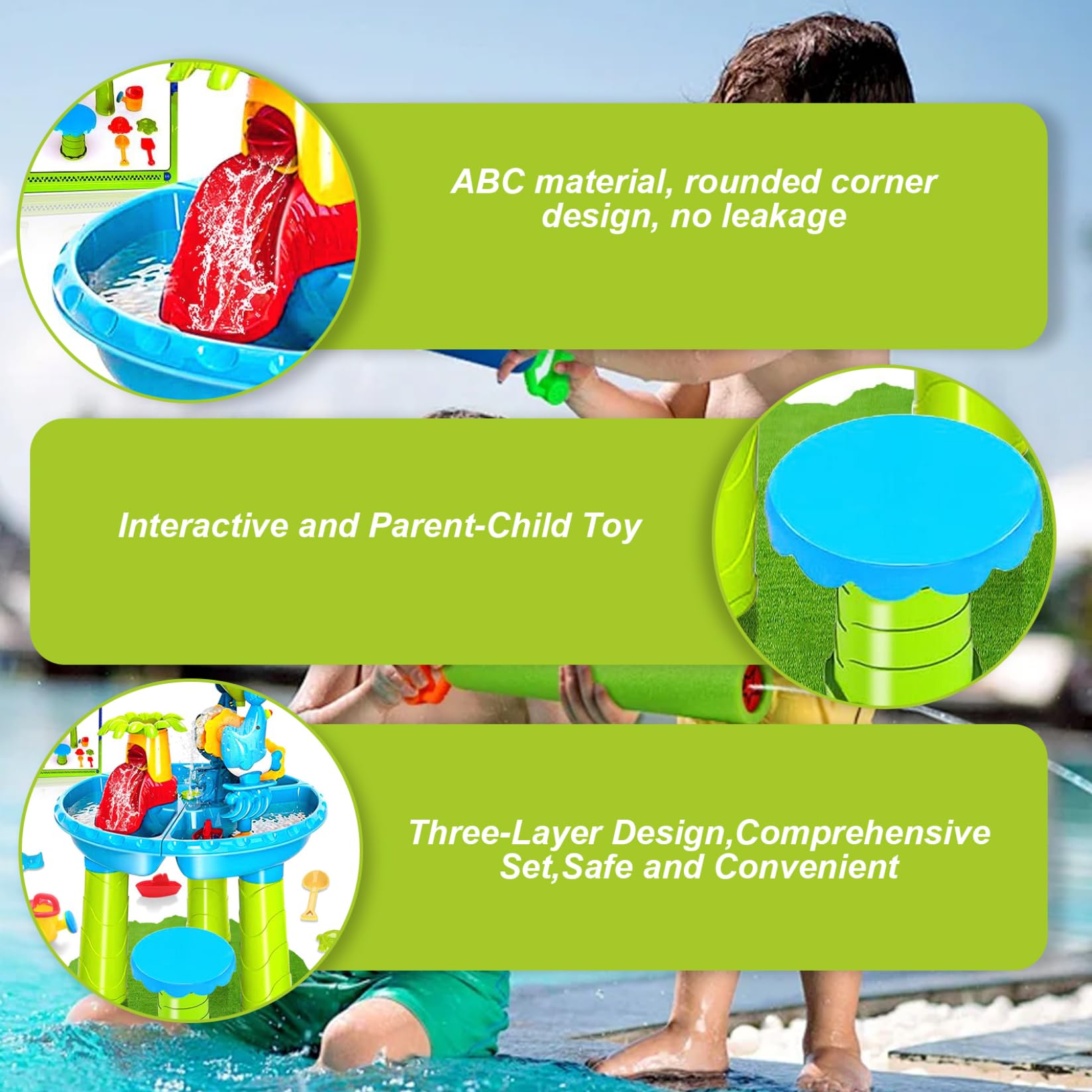 Mesa de agua para niños, mesa de juegos de agua y arena 3 en 1 con moldes de animales, pala, paleta, rastrillo de mano, cubo, banco y más para juguetes de verano, playa, piscina, patio trasero jueg