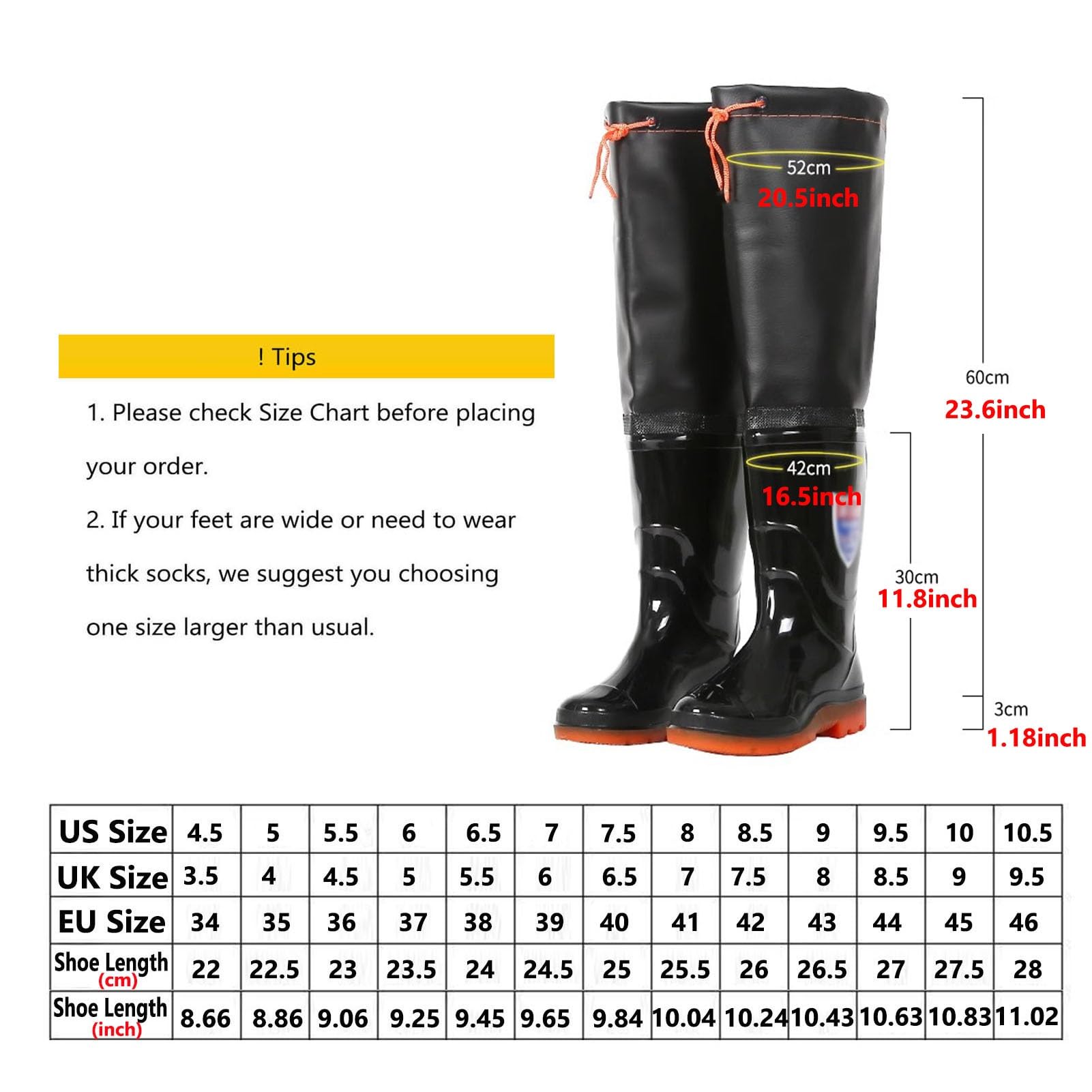 Wodery PVC do połowy uda, Unisex Bootfoot Hip Waders Black UK 4.5-9.5