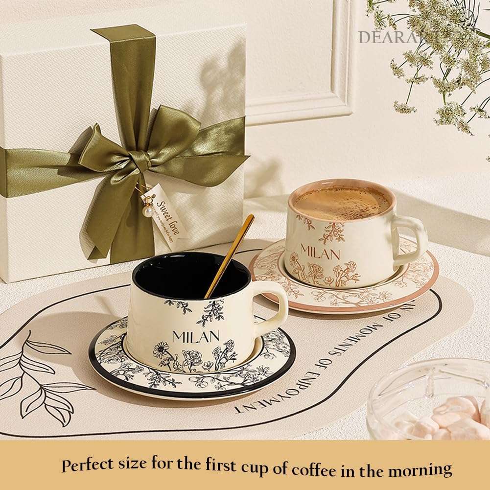 DEARART Elegant Coffee Mug Beautiful Flower Tea Cup, Ceramic Material with Plate & Spoons, Small Gift for Women, 7oz (220ml) Black