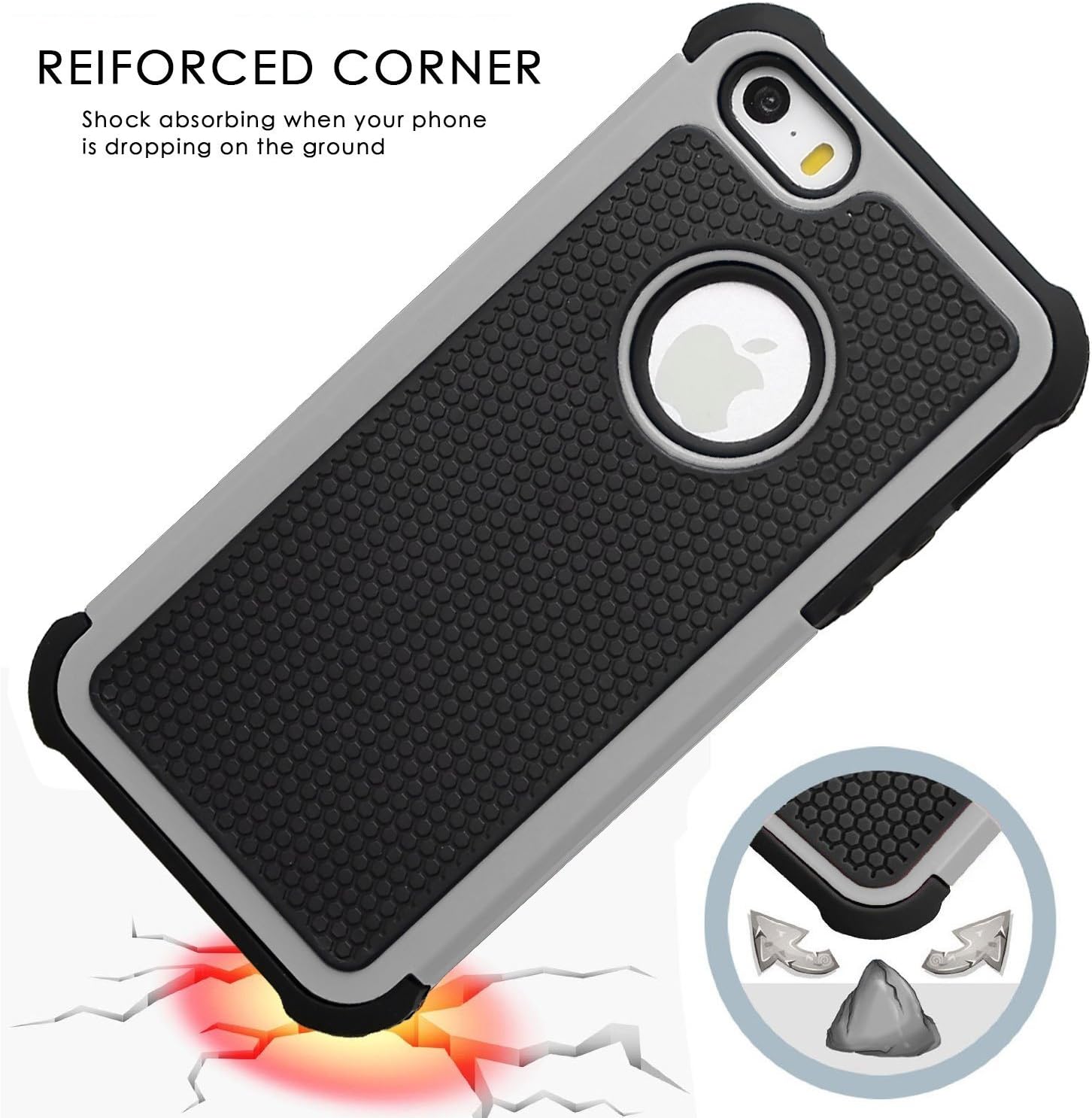 iPhone SE Case, iPhone 5S Case, iPhone 5 Case, BAROX Hybrid Dual Layer Shock Absorbing Armor Defender Protective Case Cover (Hard Plastic with Soft Silicon) for Apple iPhone 5/5S/SE (Black-Grey)
