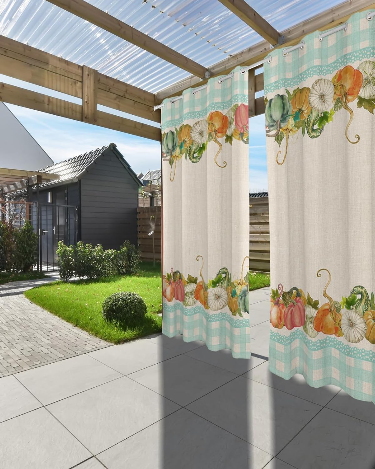 Outdoor Curtains, Thanksgiving Day Weatherproof Waterproof Grommet Window Curtain Panel Fall Harvest Pumpkins Vegetable Indoor/Outdoor Privacy Drape 2 Panels with Tiebacks 52x84In Lace Plaid