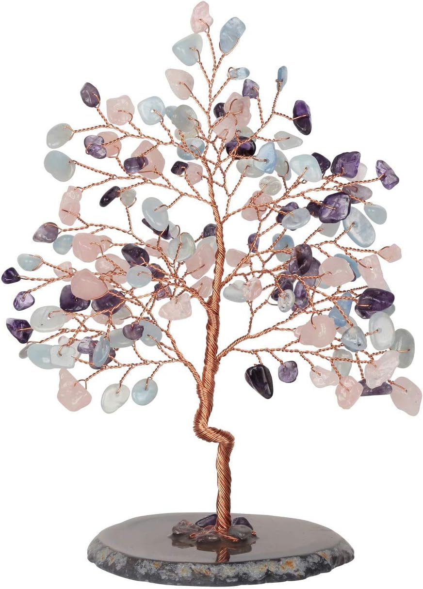 Jovivi Amethyst Rose Quartz Crystal Money Tree Chipped Tumbled Gemstones on Geode Agate Slices Base Feng Shui Ornaments Home Living Room Table Office Decoration for Wealth and Luck