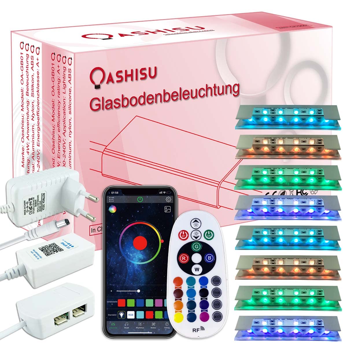 OASHISU Upgrade 8er Set 6*5050SMD RGB LED Glaskantenbeleuchtung LED Clip Glasbodenbeleuchtung mit Steuerbar via App Vitrinenbeleuchtung mit RF Fernbedienung Schrankbeleuchtung Farbwechsel Musik Sync