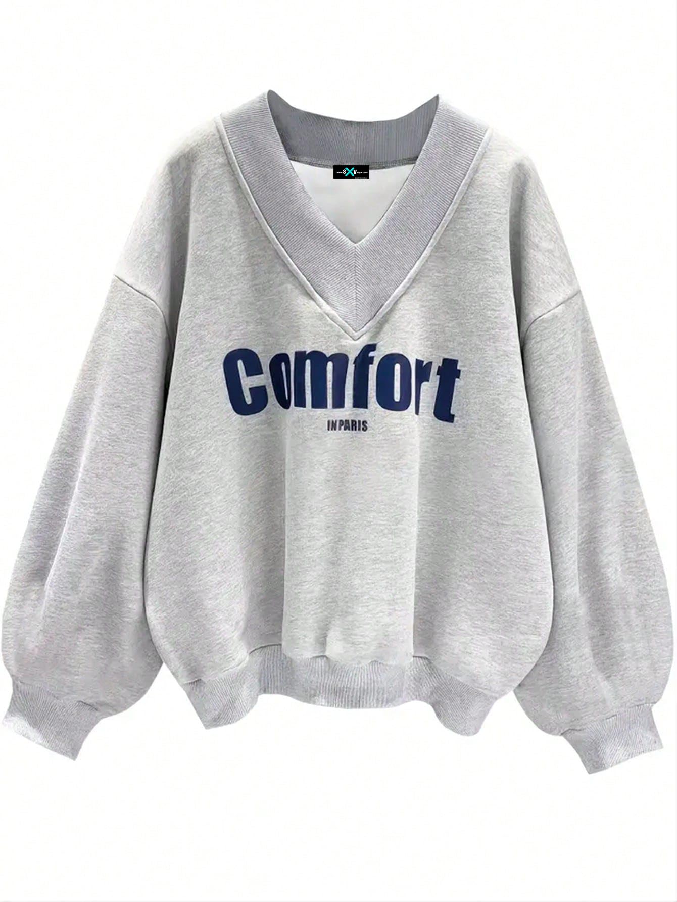 sxv style Comfort in Paris Printed V Neck Letter Graphic Drop Shoulder Grey Baggy Oversized Sweatshirt-picture-11