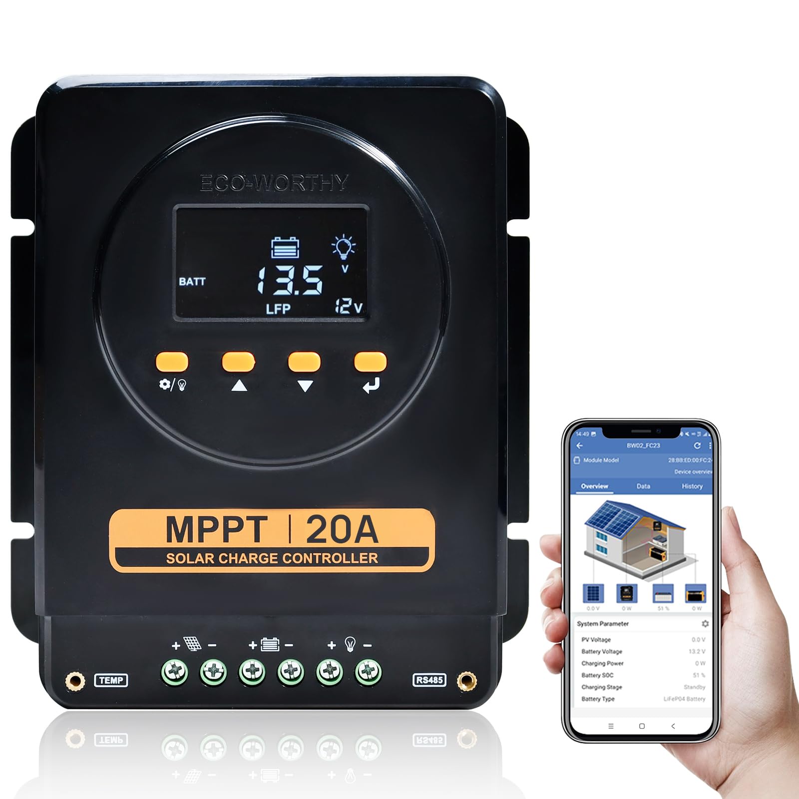 Photo 1 of ECO-WORTHY MPPT Solar Charge Controller 12V/24V 20A,Bluetooth & APP Monitoring,LCD Display, Solar Panel Regulator for Gel,SLA,FLD,LFP Battery in Solar System,RV