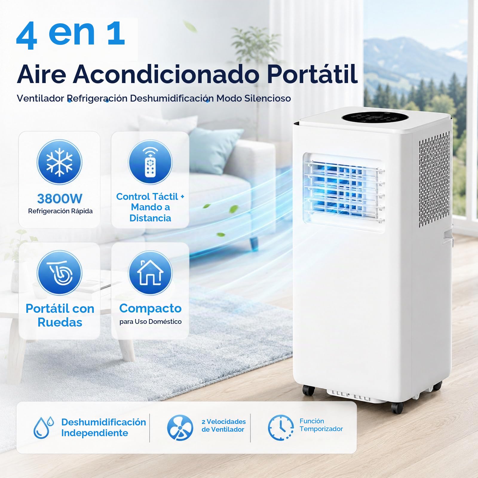 Pingüino Aire Acondicionado Portátil 4 en 1 | 13000 BTU | Climatizador y Deshumidificador, Modo Sleep, Mando a Distancia | Incluye it de Ventana 4000W