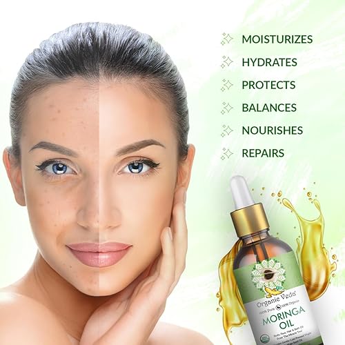 Miniatura 4 de Organic Veda Aceite de moringa virgen 100% puro y orgánico USDA  Multiusos, cara, cabello y piel, uñas, rápida absorción, hidratación y
