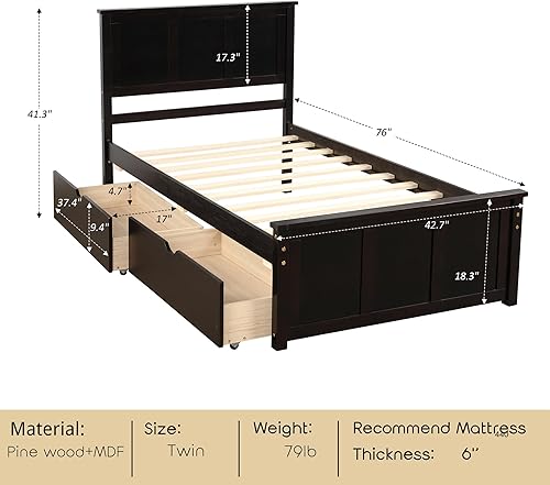 Miniatura 2 de Bellemave Cama individual con cajones, plataforma de madera con cabecero y estribo, cama capitán de madera para niños, niñas, niños, adolescentes,