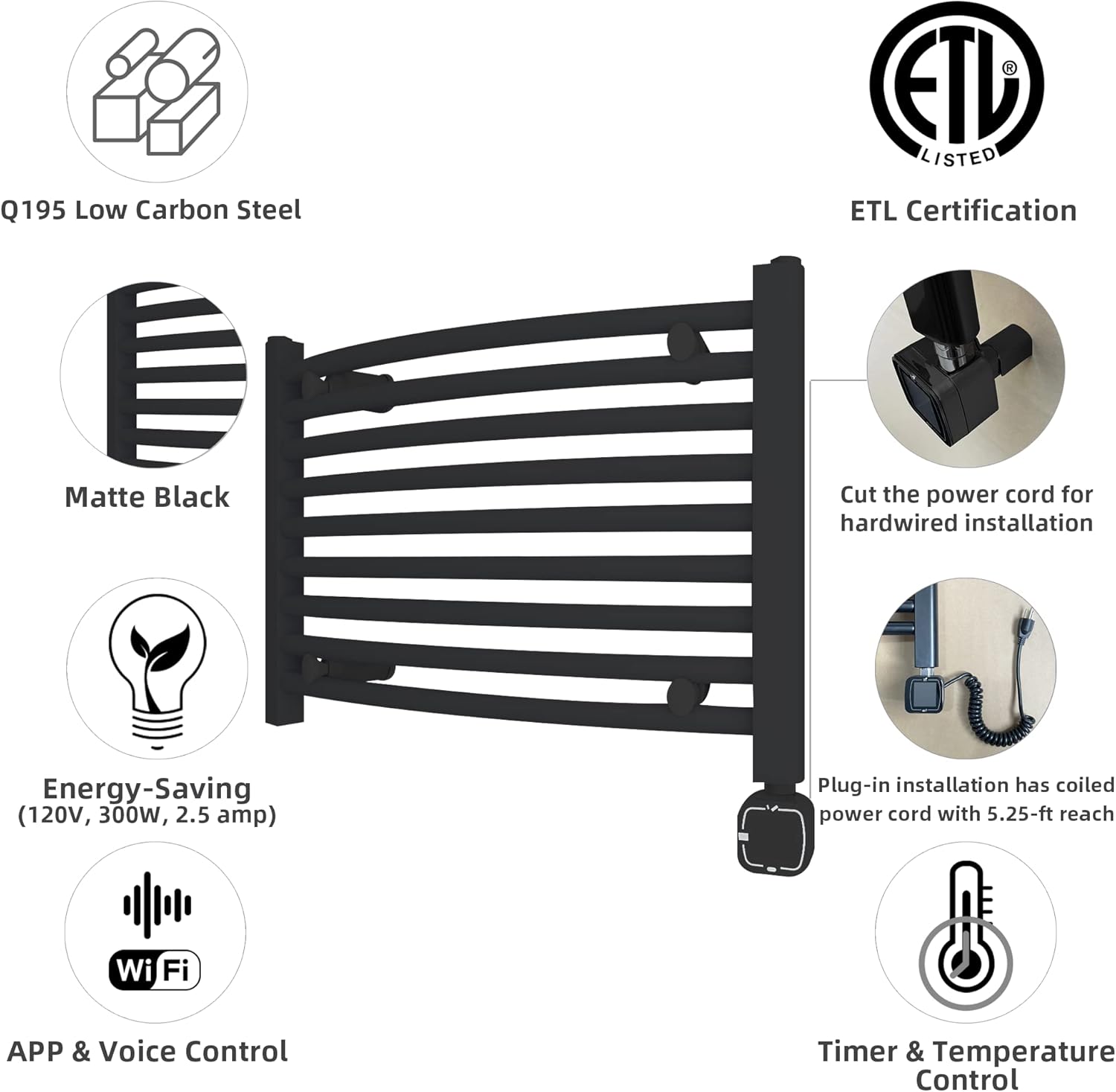 HEATGENE Smart Towel Warmer with Timer and Temperature Control, Smart Liquid Filled Towel Rails, Matte Black