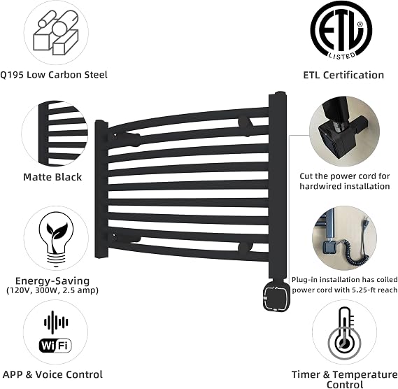 HEATGENE Smart Towel Warmer Heated Towel Rack Timer Control Matte Black