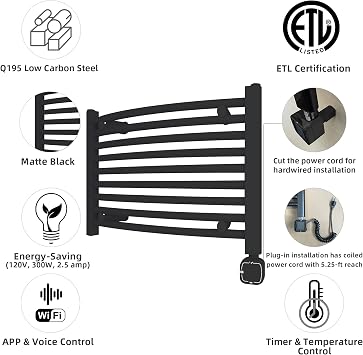 HEATGENE Smart Towel Warmer Heated Towel Rack Timer Control Matte Black