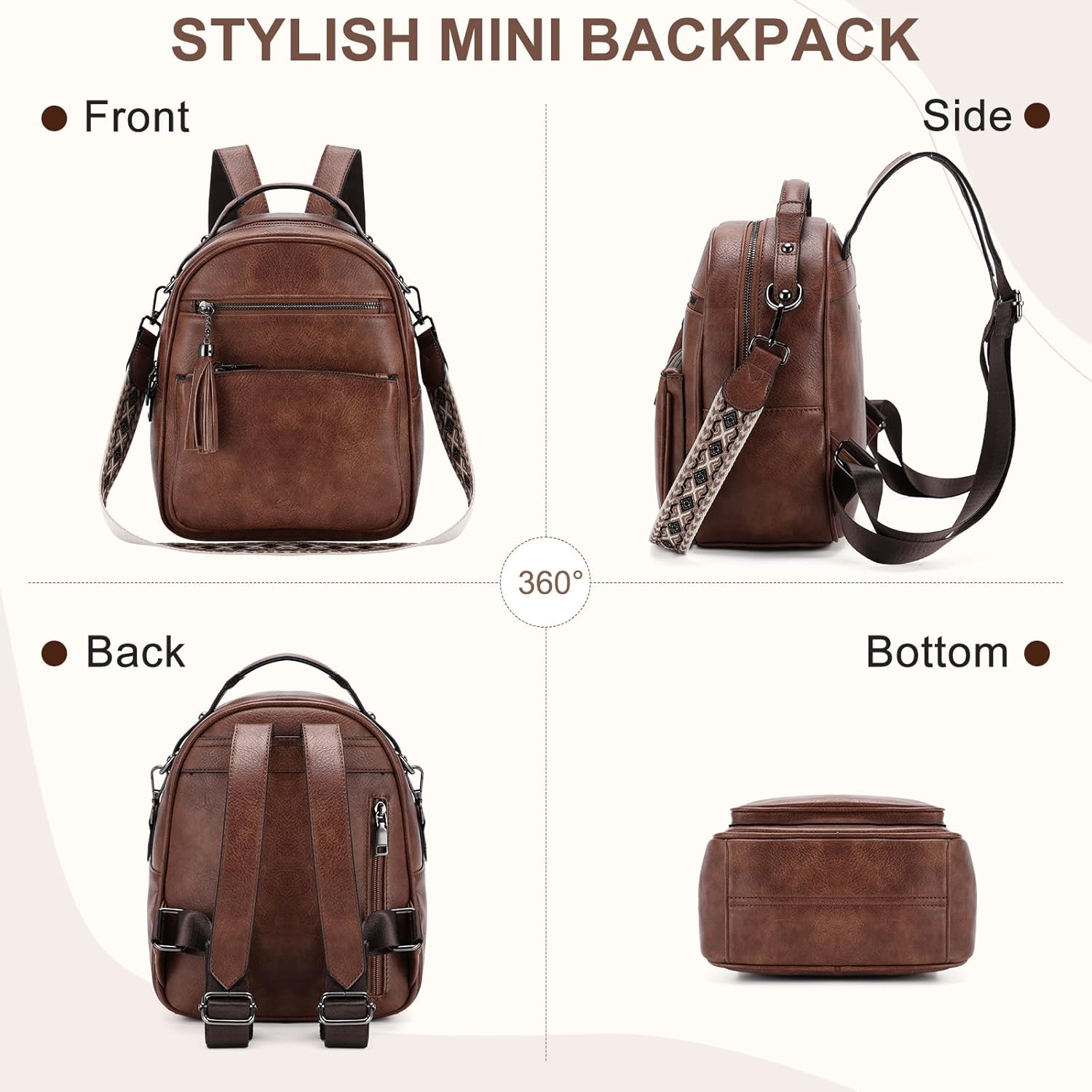 Kasqo Kaso Mini Backpack Purse for Women,Water Resistant PU Leather Small Backpack Convertible Ladies Shoulder Bag Travel Handbag 3 Ways to Carry Brown - Image 7