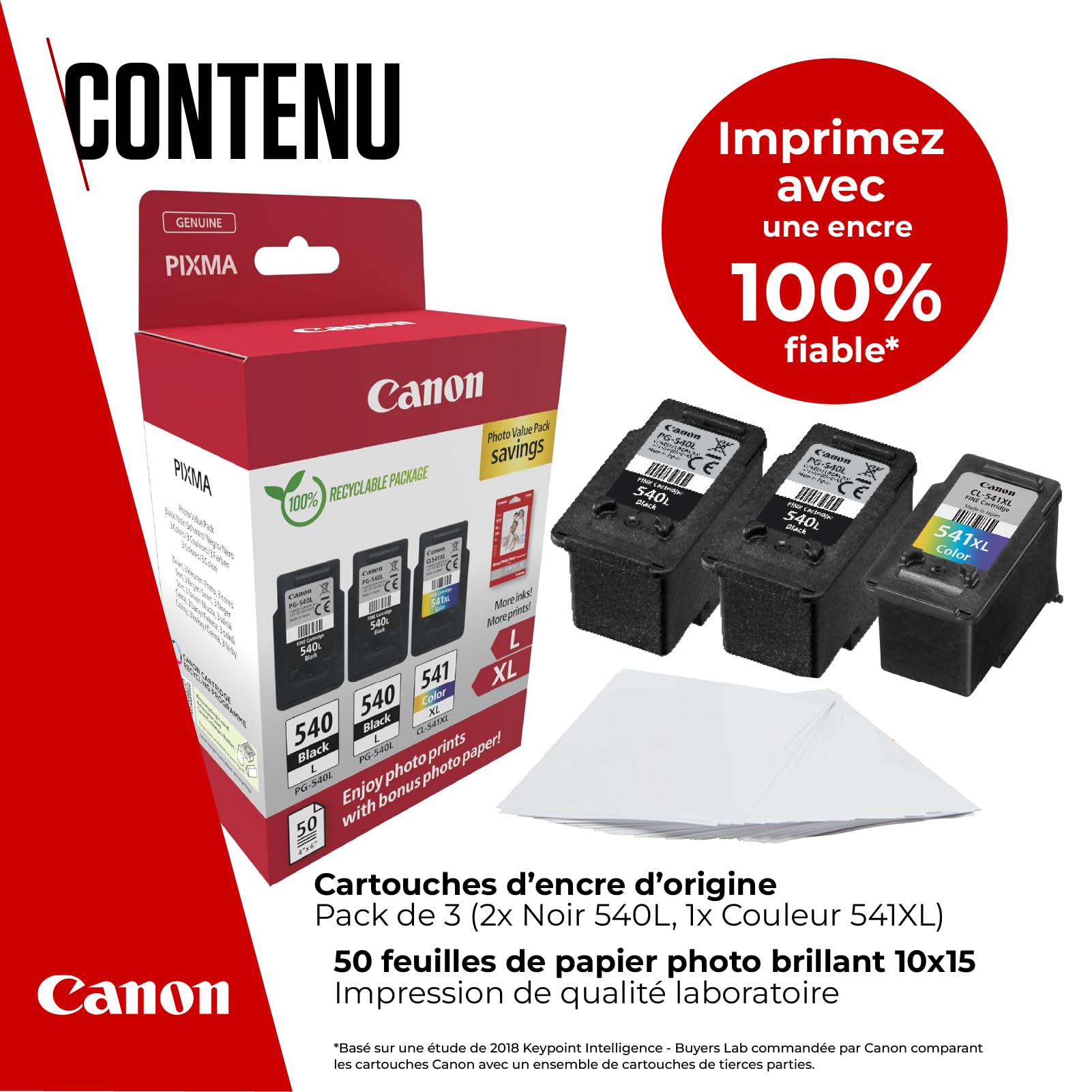 Canon PG-540 XL CL-541XL Pack de 3 Cartouches Capacité L et XL (2X Noir capacité L, 1x Couleur capacité XL) Certifié 50 Feuilles Papier Photo 10x15cm (Emballage Carton)