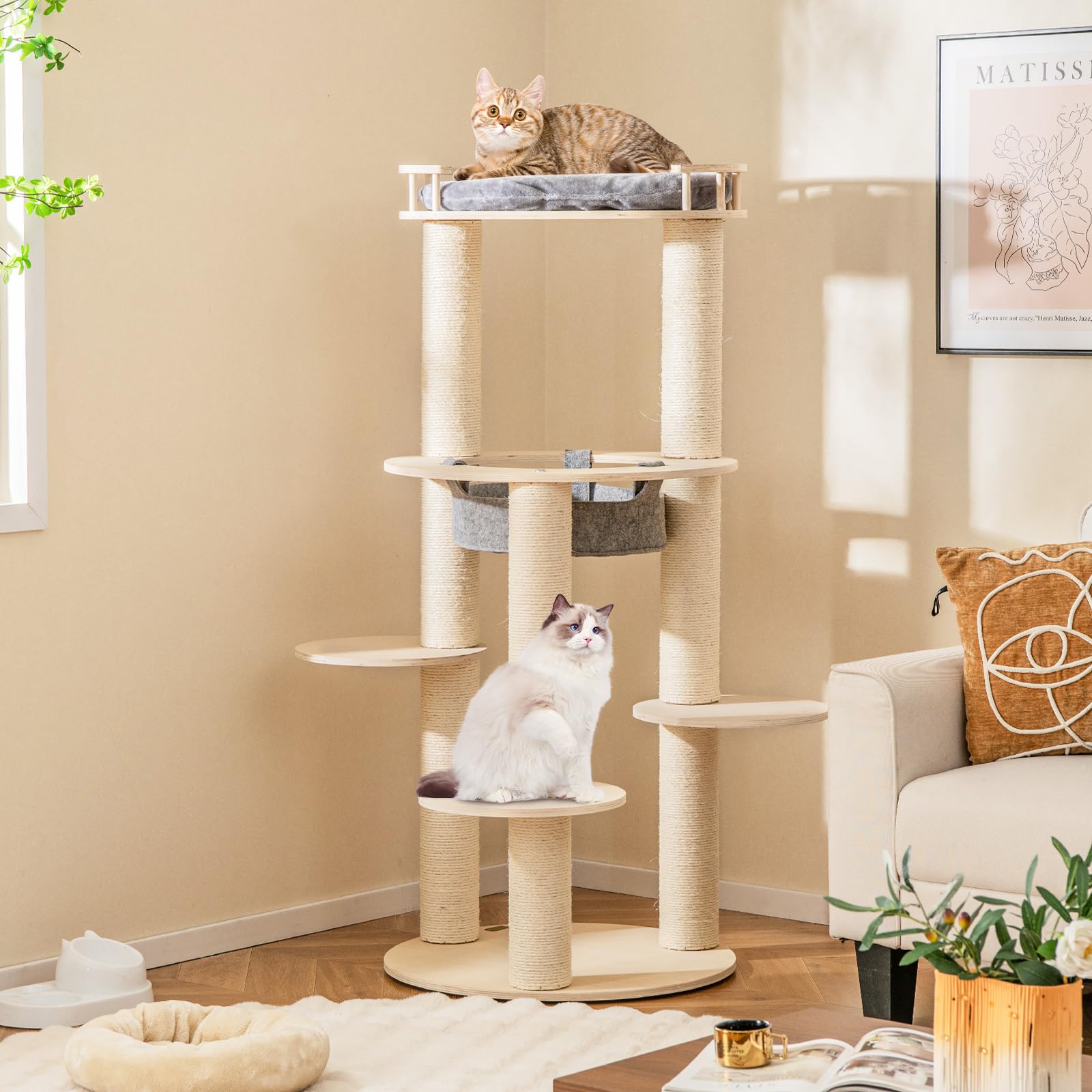 GOPLUS Árbol para Gatos de Varios Niveles de 150 cm, Torre de Madera para Gatos con Percha Superior Acolchada, Hamaca, 3 Plataformas y Postes rascadores de sisal, 66 x 66 x 150 cm