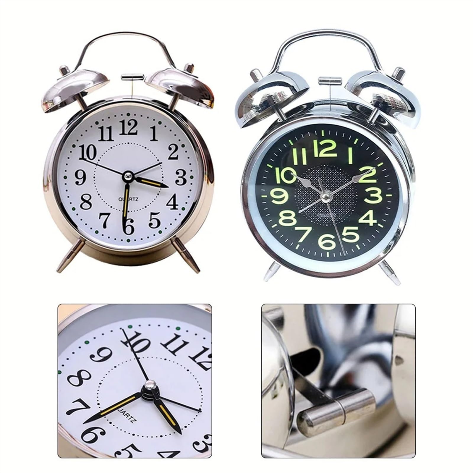 Budzik Nocny 4" Budzik Vintage Retro Cichy Wskaźnik Zegary Okrągły Numer Podwójny Dzwon Głośny Budzik Nocna Lampka Nocna Zegary Stołowe(A)