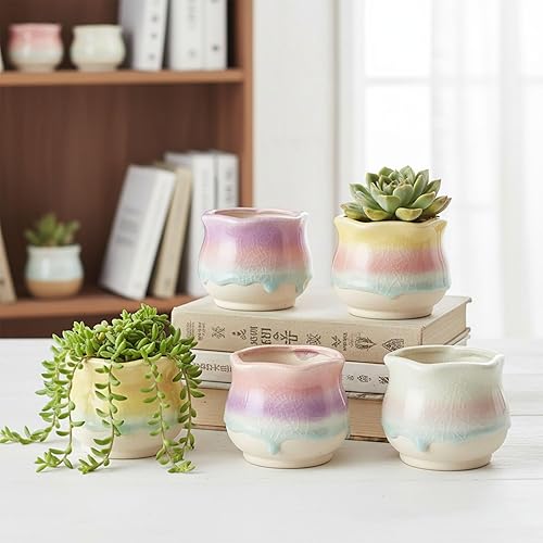 Miniatura 4 de Paquete de 6 macetas de cerámica para suculentas, 3.54 pulgadas de ancho x 3.35 pulgadas de alto, macetas de esmalte degradado para suculentas,