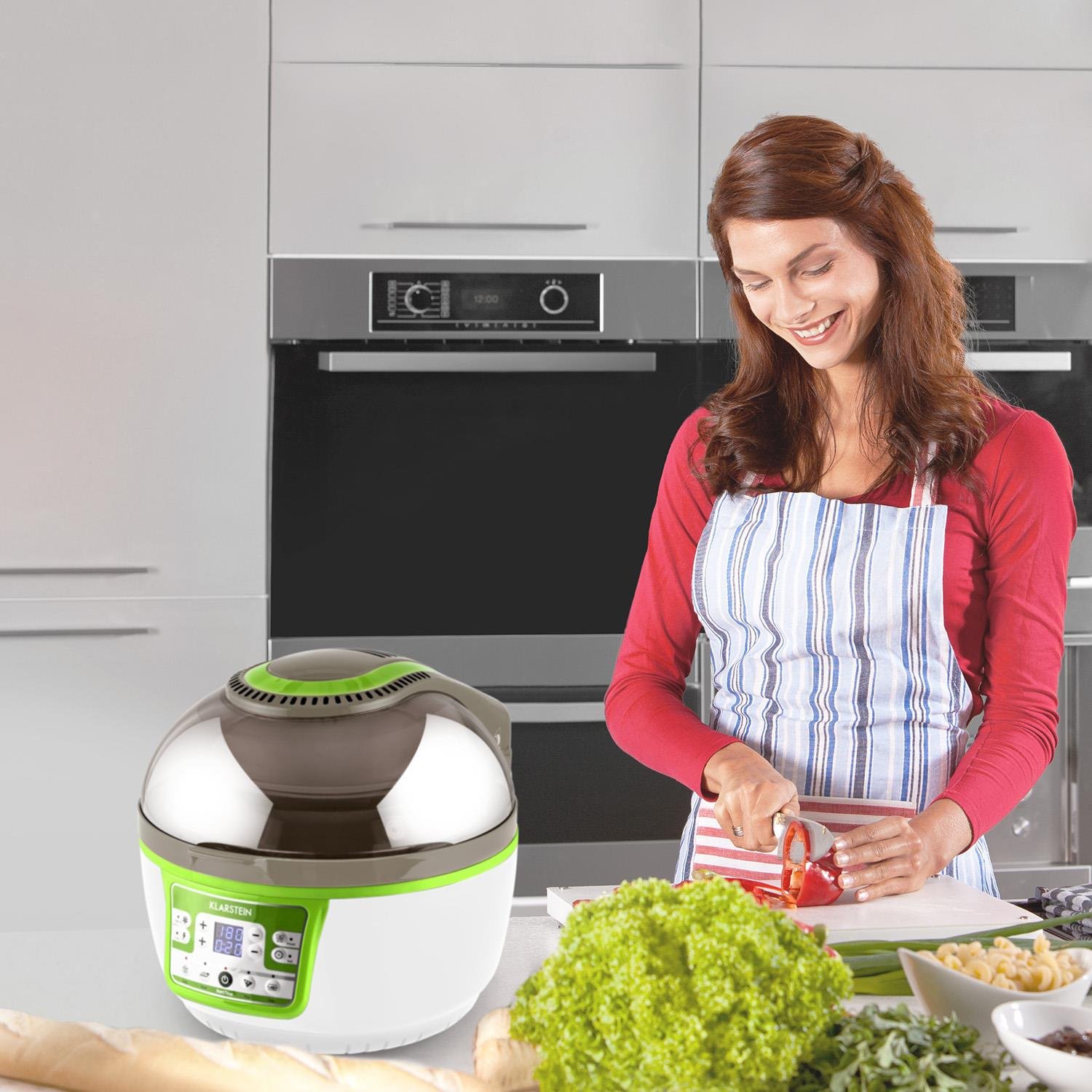 Klarstein VitAir Turbo Frytkownica beztłuszczowa - 1400 W frytkownica, Airfryer z komorą 10 litrów, 50 do 230 °C, Timer, Element halogenowo-podczerwony, Design kopułowy, zielono-biała