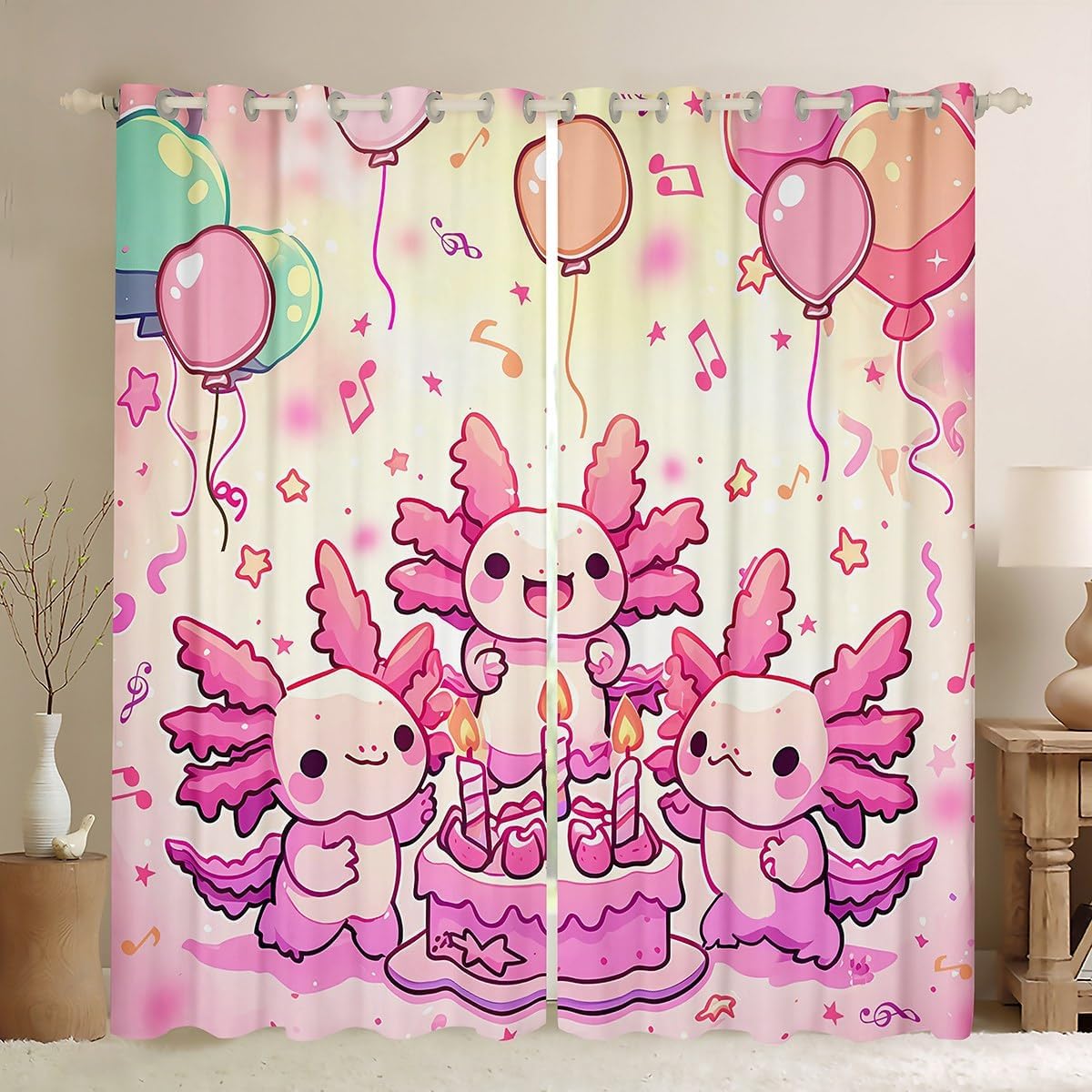 Axolotl Curtain & Drapes For Kids' Rooms, Pink Salamander Curtains Ocean Animal Kawaii Blackout Curtains 38"Wx45"L 2 Panels Birthday Gifts Artwork Window Treatments For Kids Boys Girls Teens Bedroom
