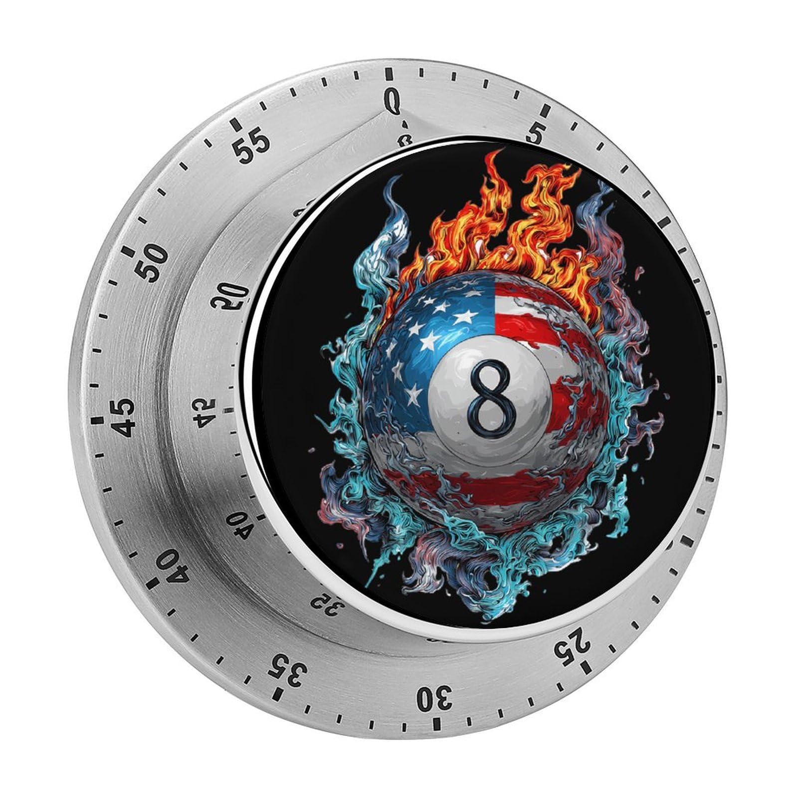 8 Billiards U.S.A. Flag Flame Waves Mechanical Timer with Alarm for Kitchen Cooking Productivity Stainless Steel Timers