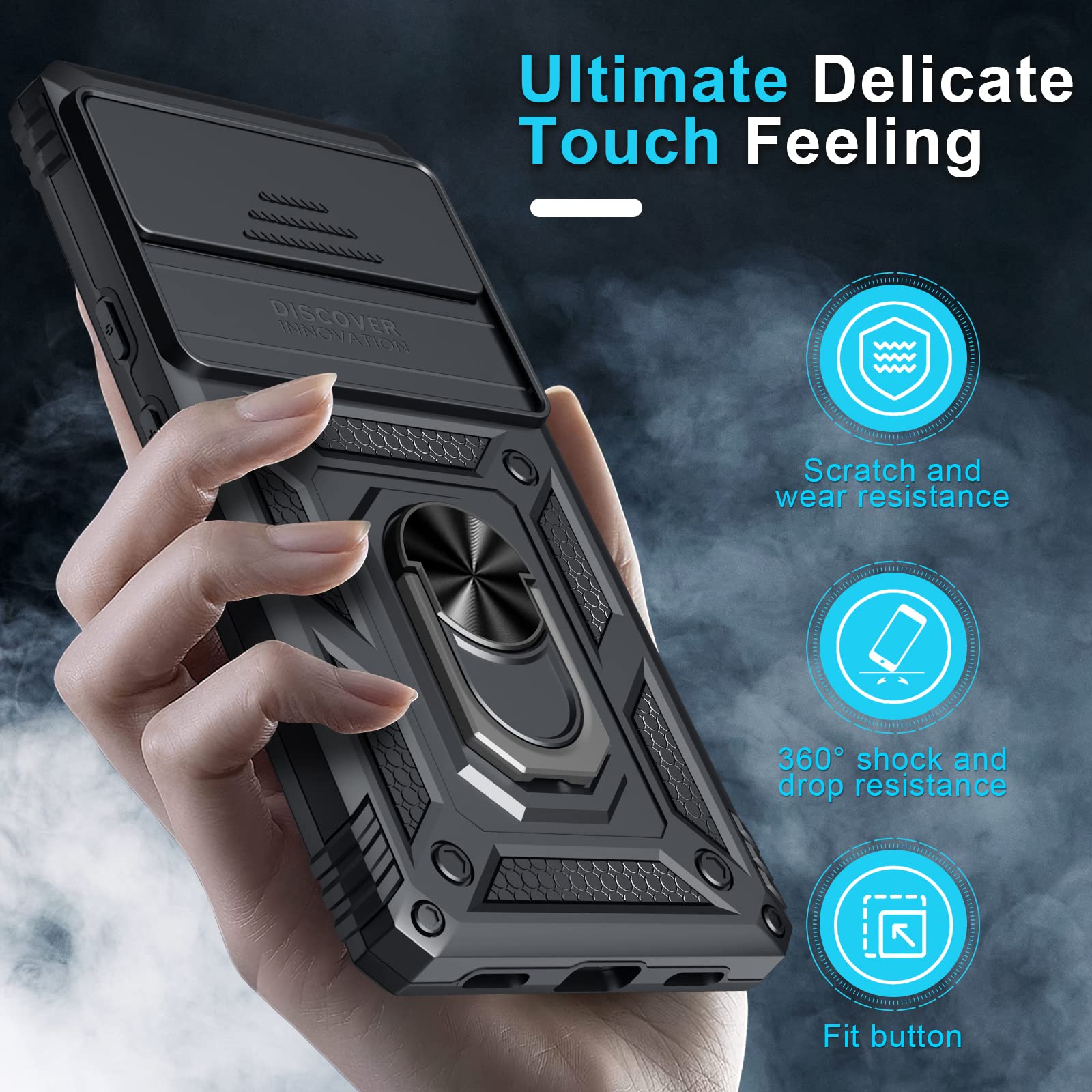 Google Pixel 7a Case Built in Slide Camera Lens Cover+Screen Protector [2 Pcs]+Finger Ring Holder Kickstand,Heavy Duty Shockproof Full Body Protective Cover,2023 Black