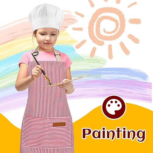 Miniatura 6 de Bunnycool Juego de 4 delantales y sombrero de chef para niños pequeños, delantales de algodón a rayas ajustables con 2 bolsillos grandes para niños