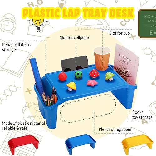 Miniatura 4 de Geetery 6 bandejas de escritorio de regazo para niños con almacenamiento de plástico para computadora portátil con bolsillos laterales y ranura,