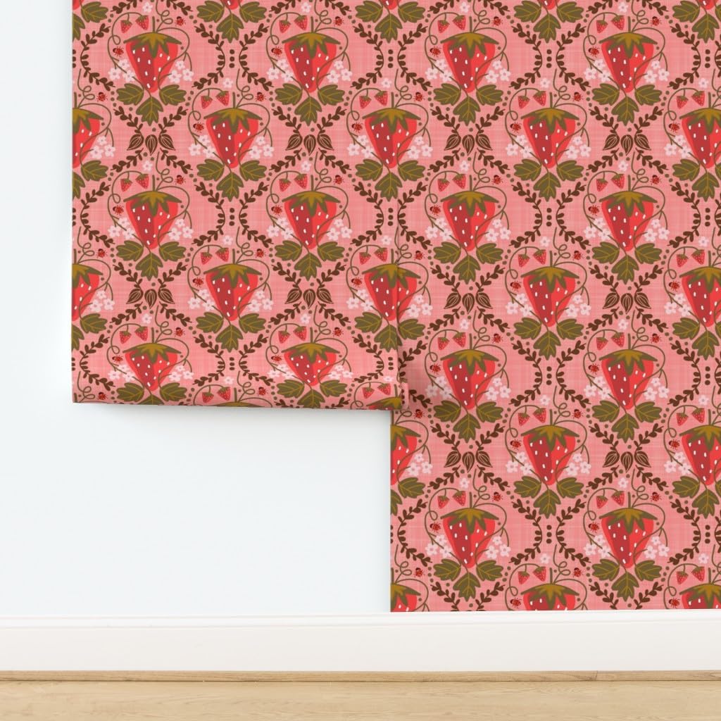 Peel & Stick Wallpaper 3ft x 2ft - Strawberry Damask Mustard Pink Floral Happy Sweet Custom Removable Wallpaper by Spoonflower