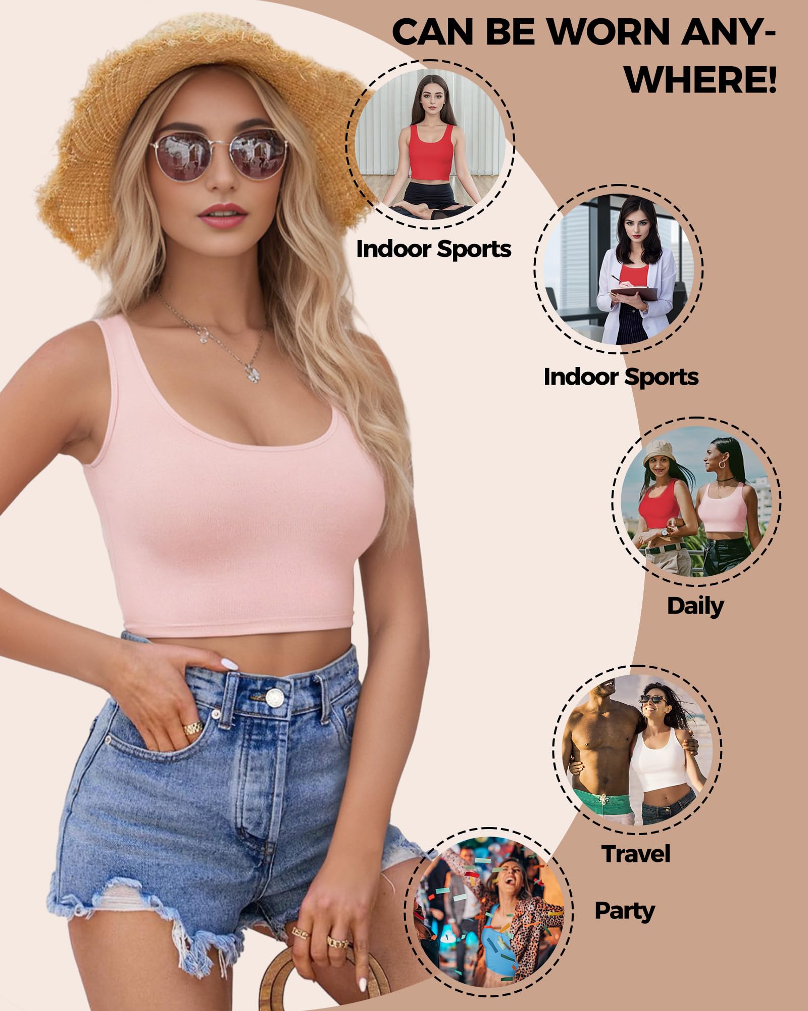2-3 canottiere da donna, crop top senza maniche con scollo a U, crop top basic corto racerback per uscire magliette sportive atletiche, Rosa+rosso, XX-Large