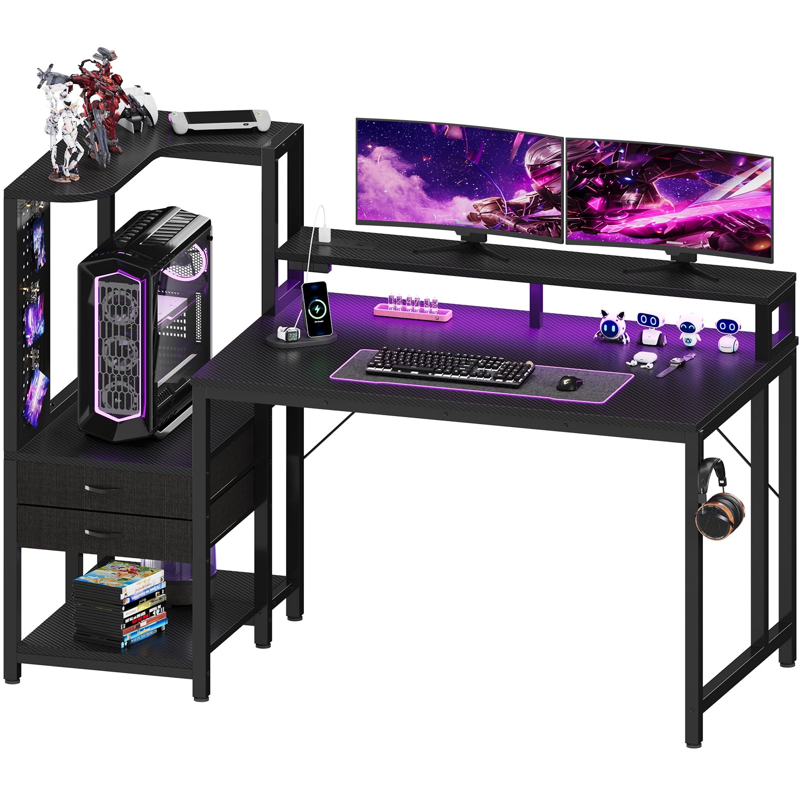 JUMMICO 140×70cm Gaming Desk with Pegboard & Built-in Power Outlet, Computer Desk with RGB LED Lights, 2 Fabric Drawers, Monitor Stand, & Headphone Hook, Carbon Fiber Black