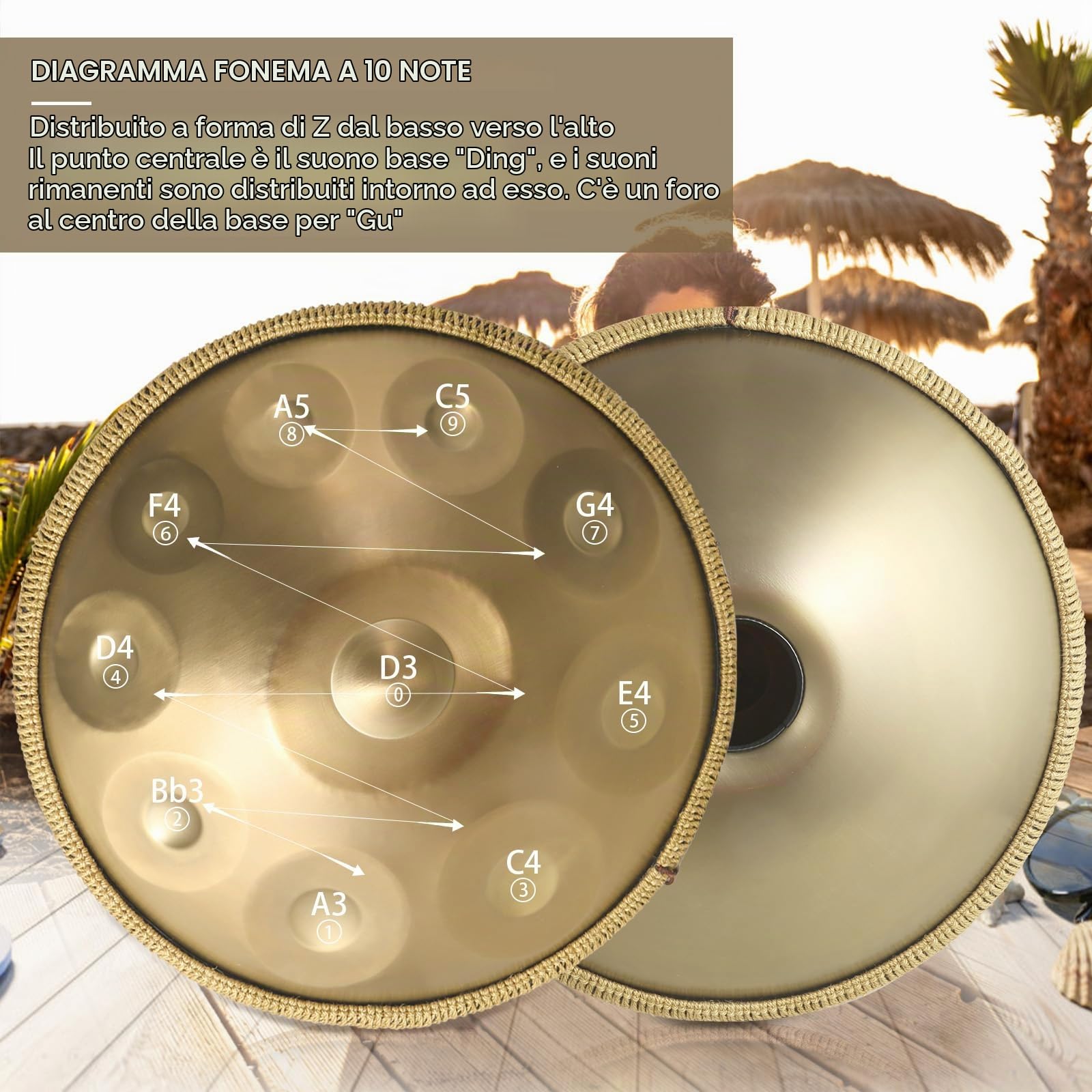 Handpan, 22 Pollici10 Note 440Hz Oro Handpan Strumento Musicale Tongue Drum in Re Minore per Yoga, Meditazione con Bacchette da Borsetta, Supporto per Batteria