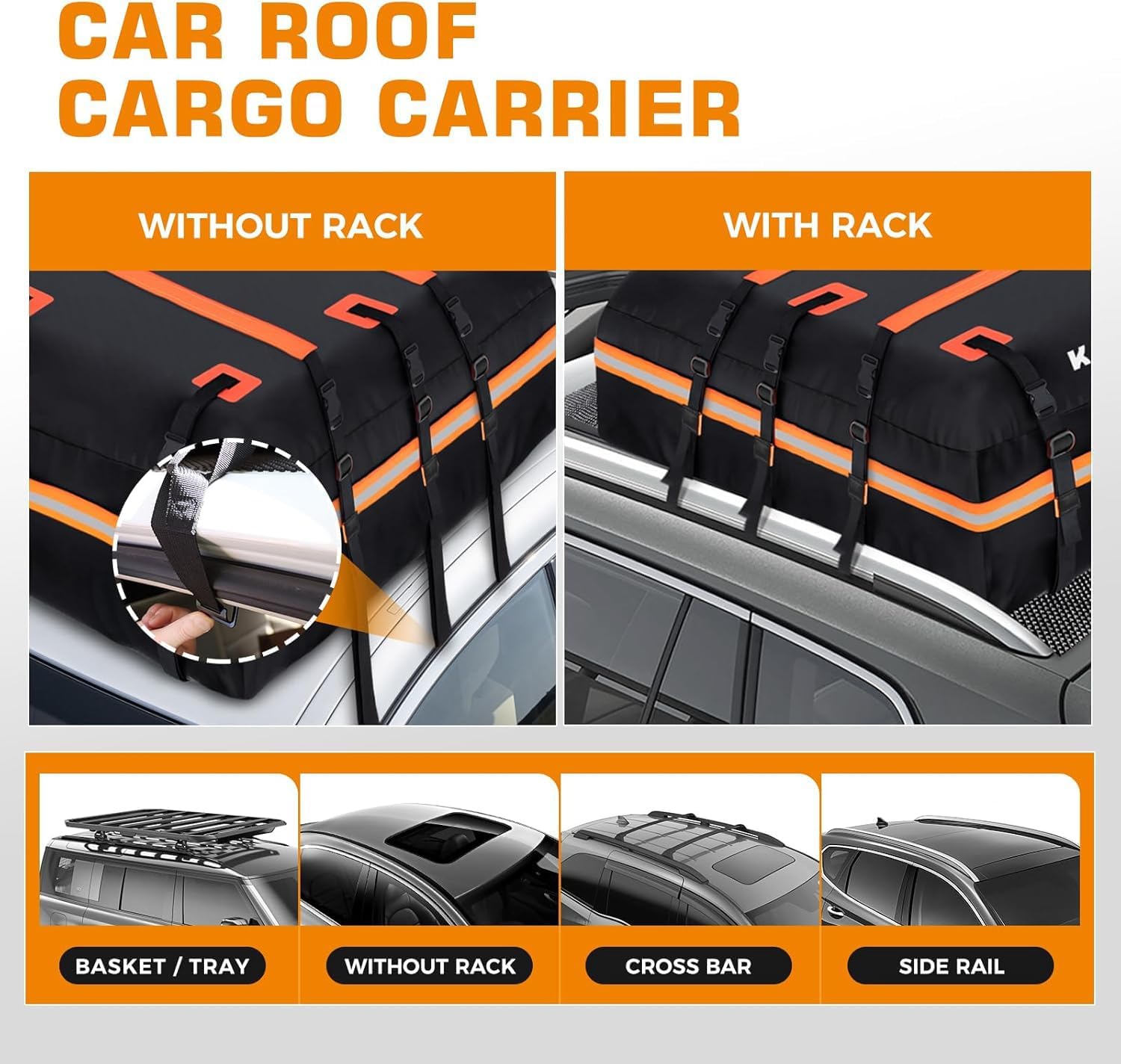 Kingfun Car Rooftop Cargo Carrier Bag, Waterproof 15 Cubic Feet Car Roof Luggage Carrier for All Vechicles with/Without Racks, Includes Anti-Slip Mat, 8 Reinforced Straps, 6 Door Hooks,Luggage Locks