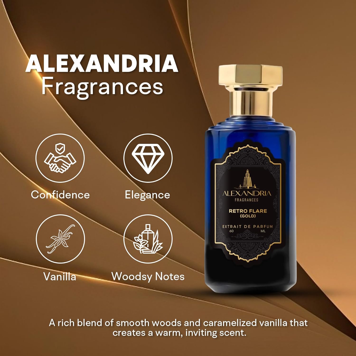 Alexandria Fragrances Retro Flare (Gold) Perfume – Premium Men’s Eau de Parfum with Caramelized Vanilla Notes – Luxury Fragrance with Woodsy & Vanilla – Man's Cologne for Every Occasions – 60ml