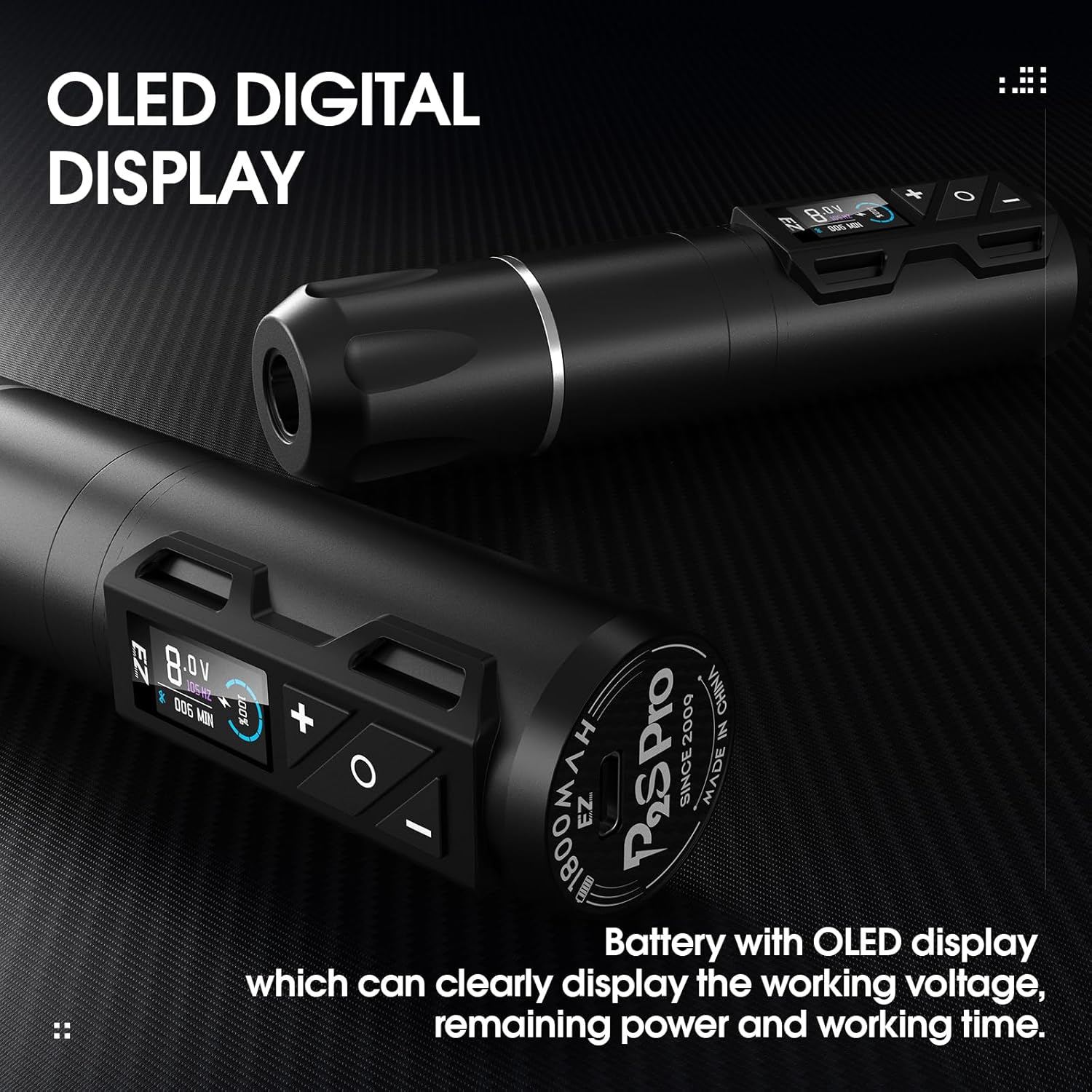 Close-up of the P2S Pro wireless tattoo machine showing its OLED digital display