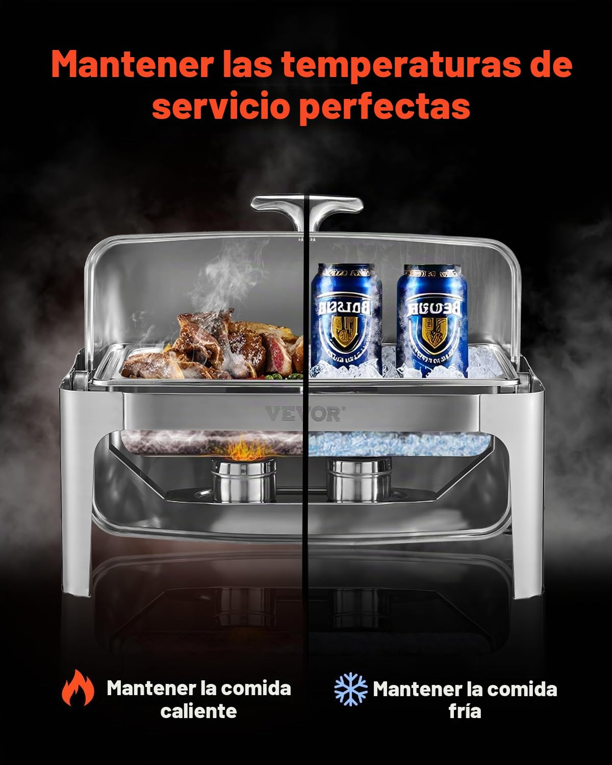 VEVOR Juego de Calentador de Alimentos Acero Inoxidable con Sartenes(8,5 L), Rectangular, Tapa Enrollable y Soporte para Bandeja Agua y Depósito de Combustible, para Bufé, Plata, Gran Capacidad