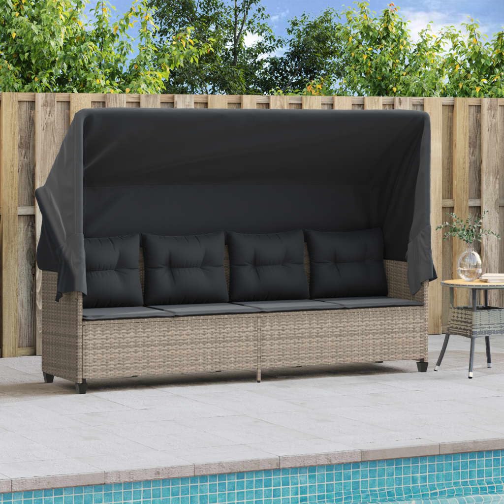 Lettino prendisole con tettuccio e cuscino grigio chiaro in polyrattan regolabile pieghevole con rivestimento sfoderabile ideale per giardino, balcone, piscina, spiaggia, terrazza, sdraio