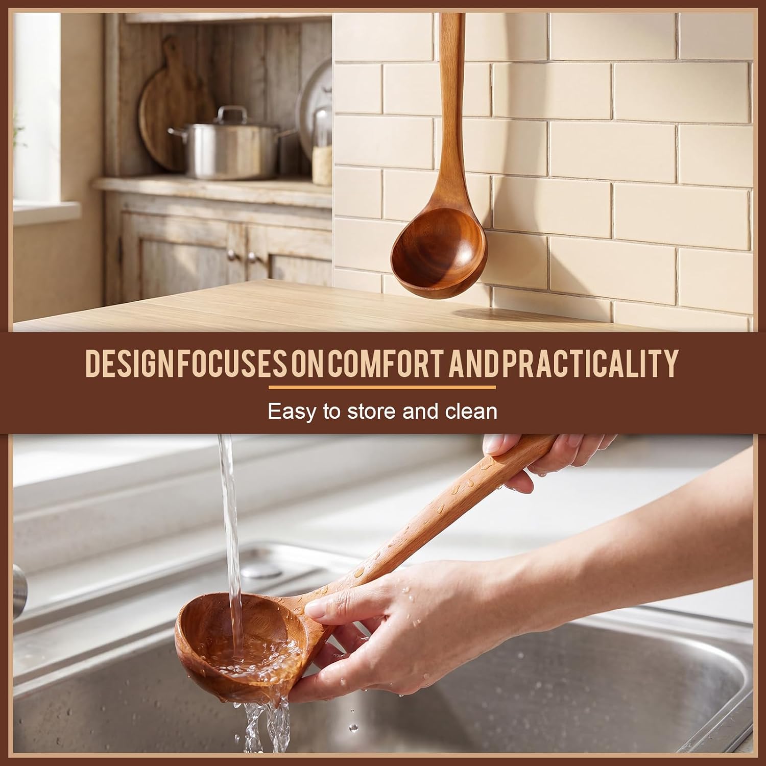 Hushee Wooden Ladle for Cooking 13.8 Inch Acacia Soup Spoon Ladle with Long Handle Non-toxic Natural Wood Soup Spoon for Gravy Sauce Porridge, Cooking, Serving and Stirring