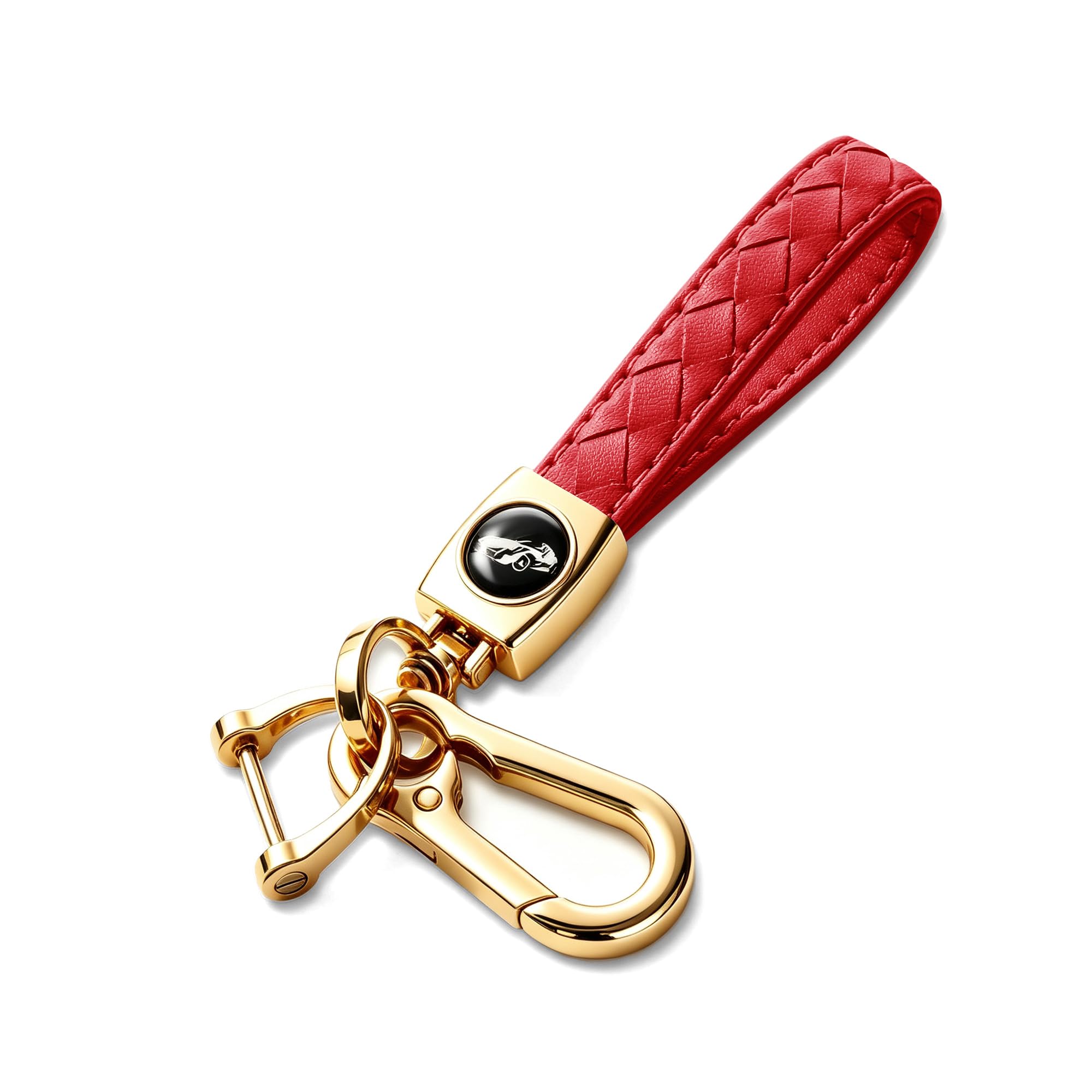 Gkeygo Carabiner Keychain, Universal Heavy Duty Woven Handmade Leather Key Chain, Car Fob Key Keychains with 360 Degree Rotatable Snap Swivel and Anti-Lost D-Ring for Men and Women,Light Gold - Red