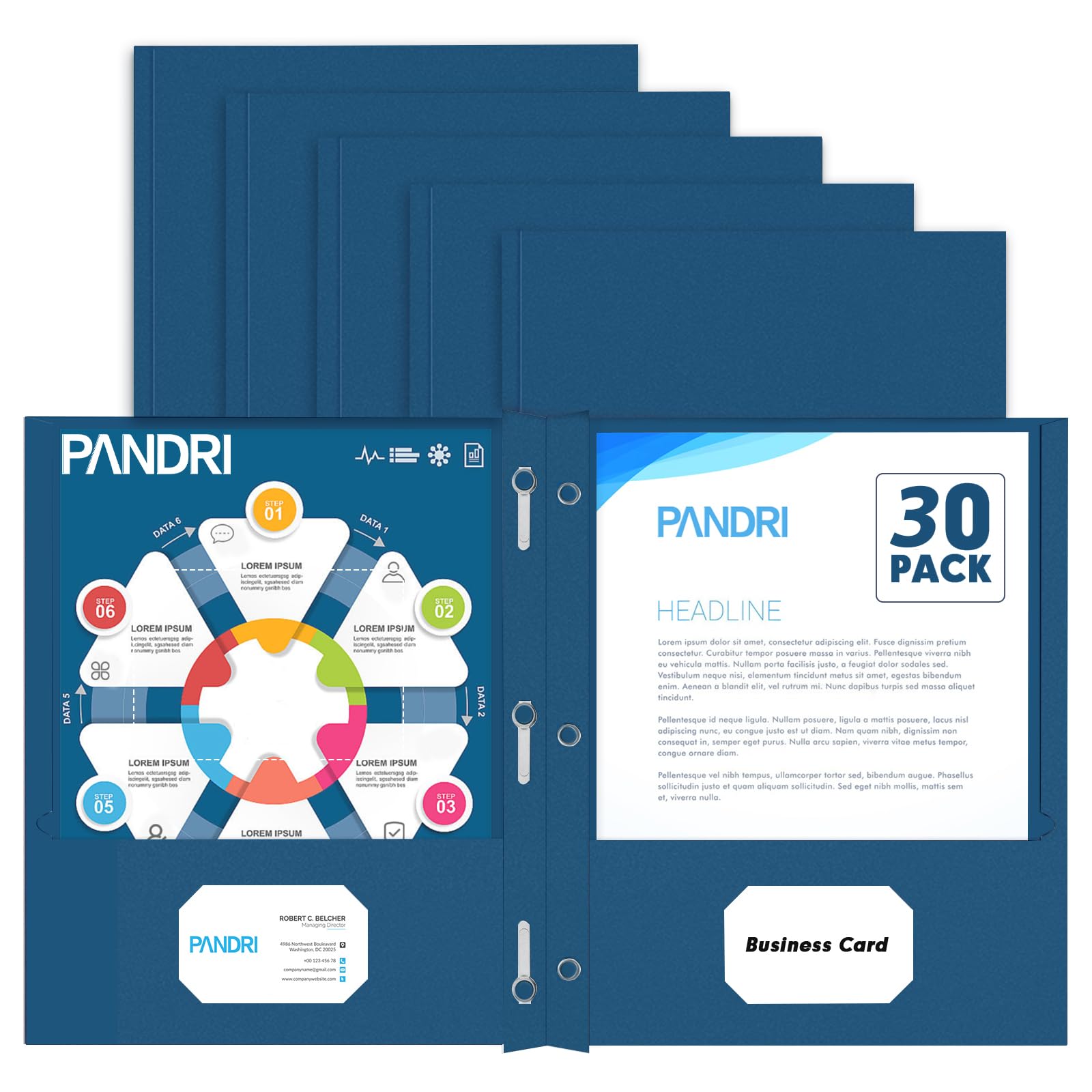 Two Pocket Folders, PANDRI 30 Pack Two Pocket Folders with Prongs, 3 Prong Folders Designed for Office and Classroom, Letter Size Darkblue