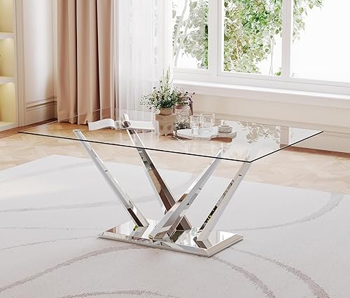 Mesa de comedor de vidrio de 63 pulgadas para 4 o 6, mesa de vidrio templado de 0.39 pulgadas y base de acero inoxidable plateado, mesa de comedor