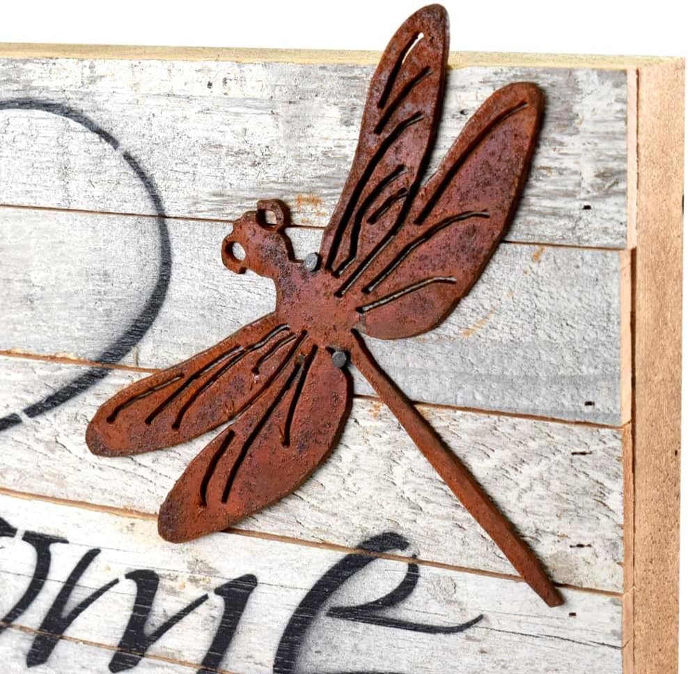 Welcome to the Front Porch American Made Reclaimed Wood Wall Sign with Metal Dragonfly Accent, 24-Inch