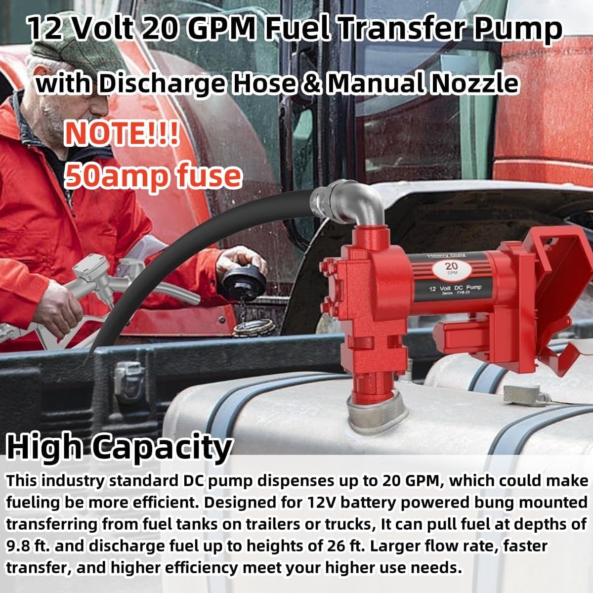 20 gpm 12 volt fuel transfer pump high flow dc transfer pump cast iron heavy duty transfer pump for gasoline diesel kerosene ethanol methanol blends biodiesel, w/discharge hose & manual nozzle vahaha 20gpm red with nozzle kit