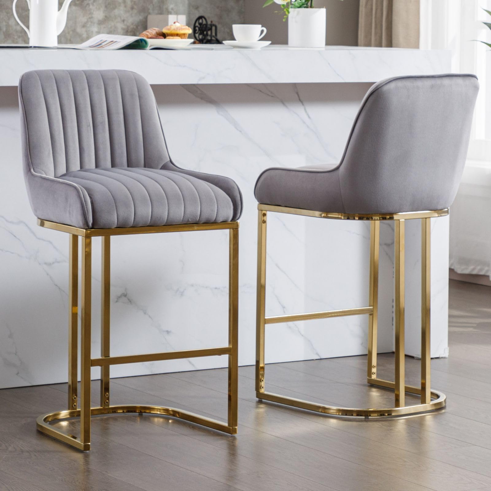 Set of 2 Velvet Bar Stools Kitchen High Chairs Without Armrests, Modern Bar Chairs Counter High Stools with Gold Legs for Kitchen Island/Restaurant, Grey